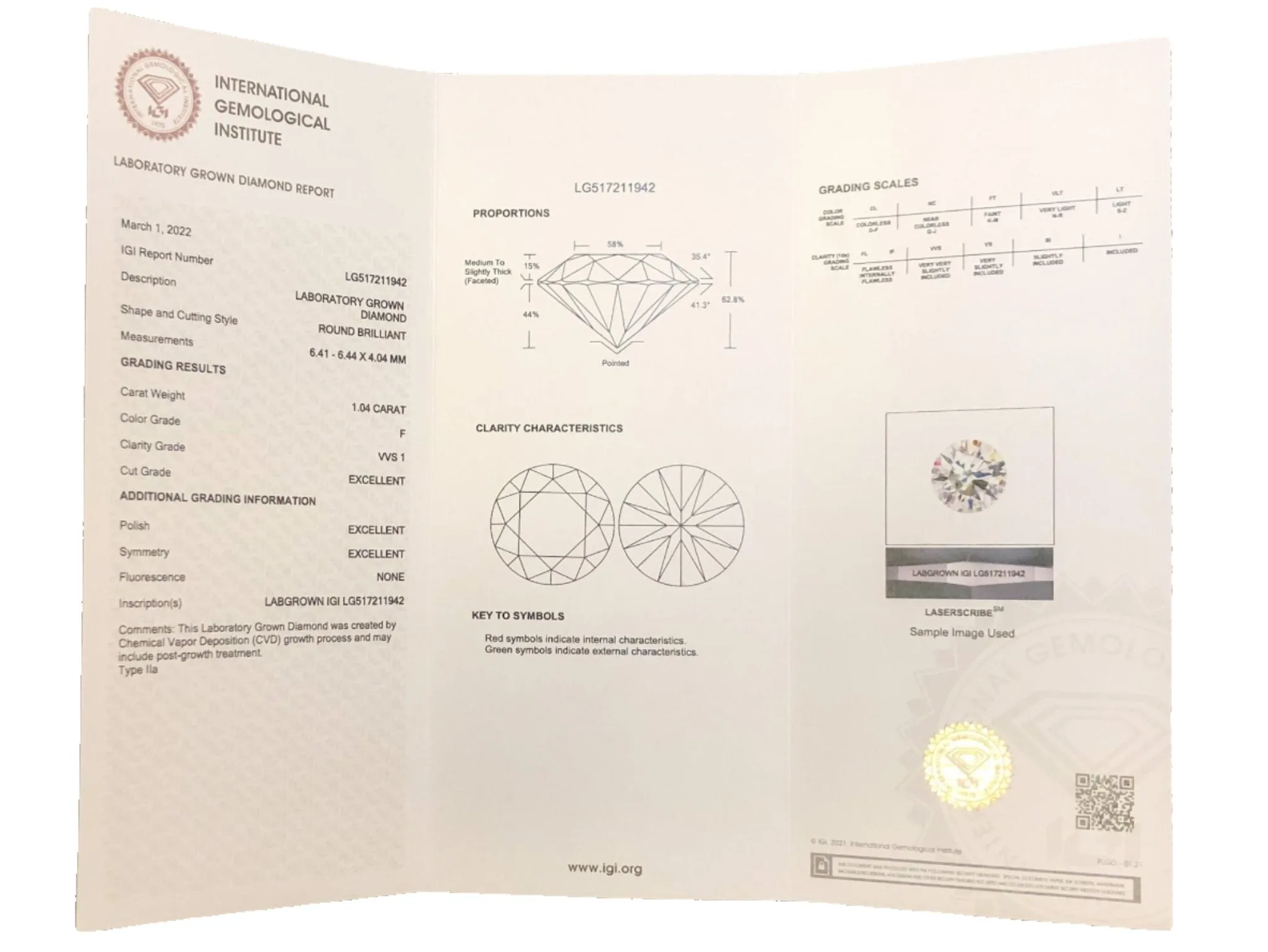 1.04ct F/VVS1 Lab Created Round Diamond IGI Report # LG517211942