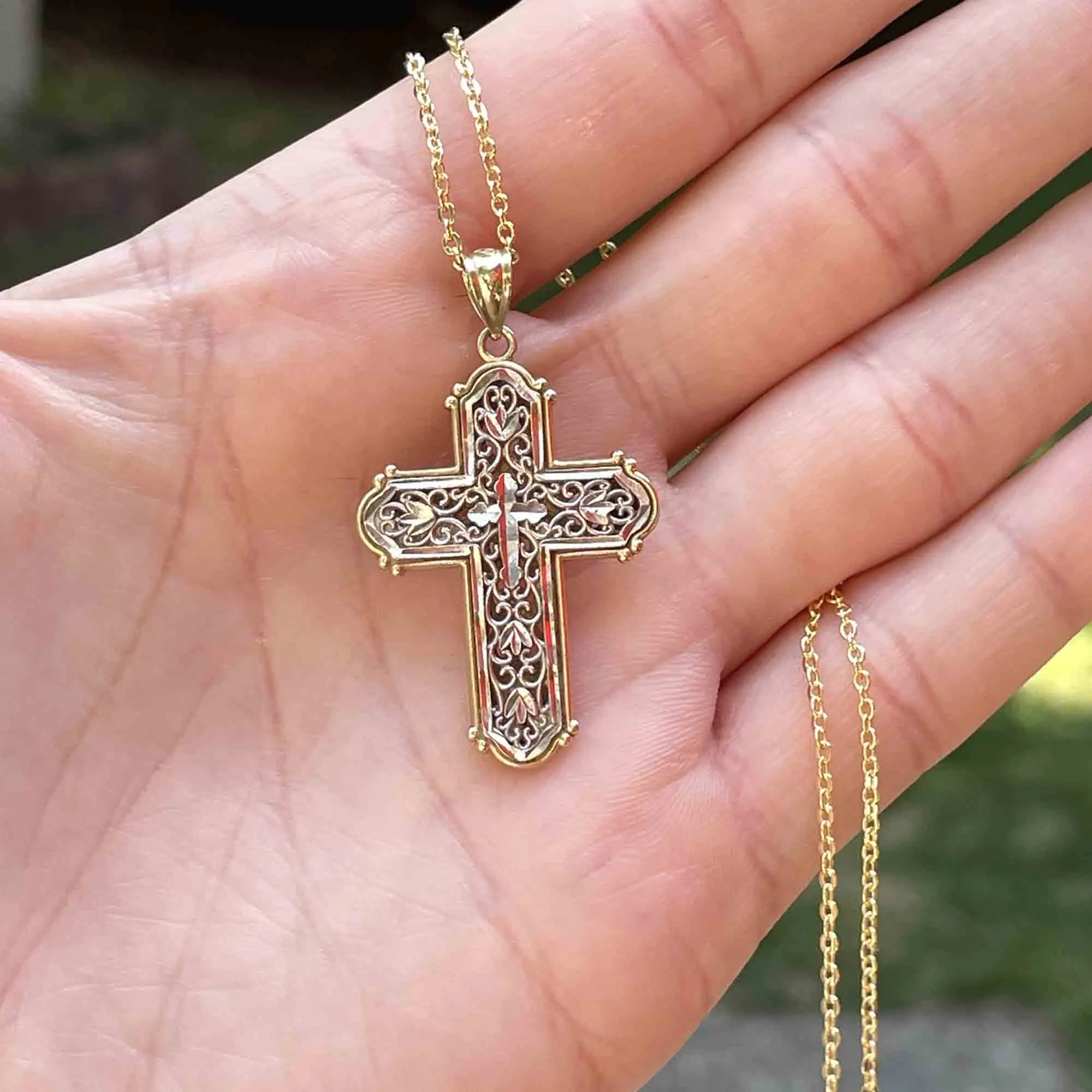 14K Gold Two Tone Reversible Cross Pendant Necklace