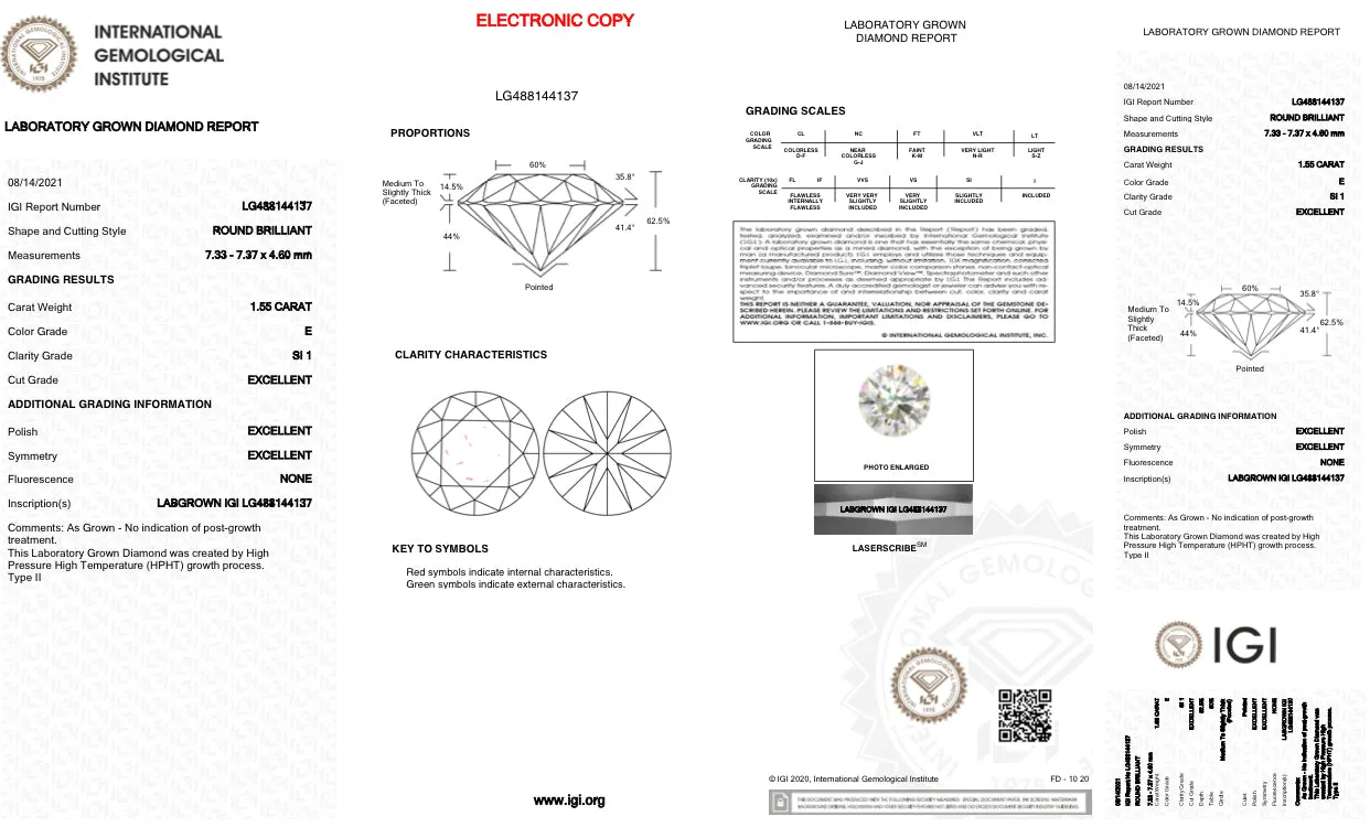 1.55ct E/SI1 RBC Lab Created Diamond IGI#LG4881144137