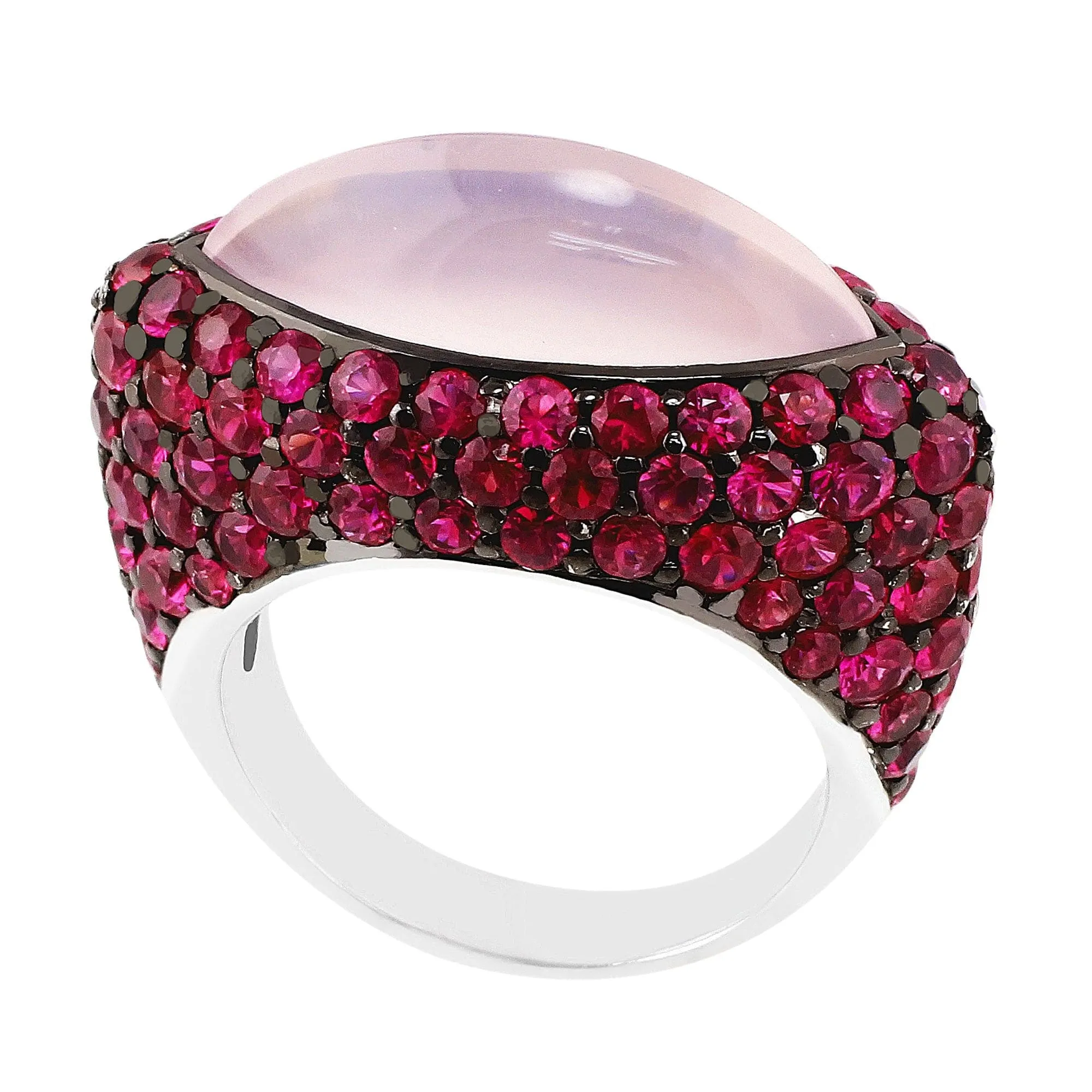 18k White Gold Cabochon Pink Quartz Ruby Ring