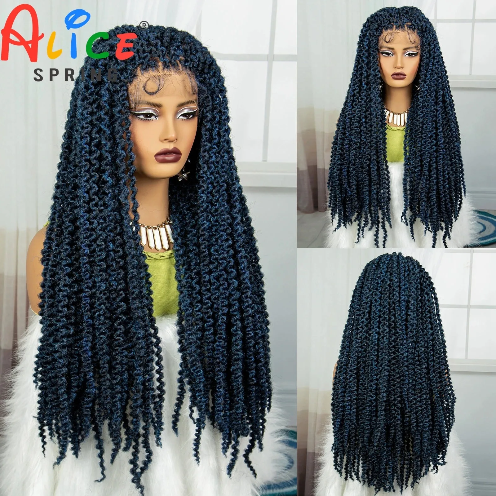 2inch Blue Synthetic Lace Front Braided Wigs for Black Women Knotless Braids Wig Embroidery Lace Braided Wig with Baby Hair