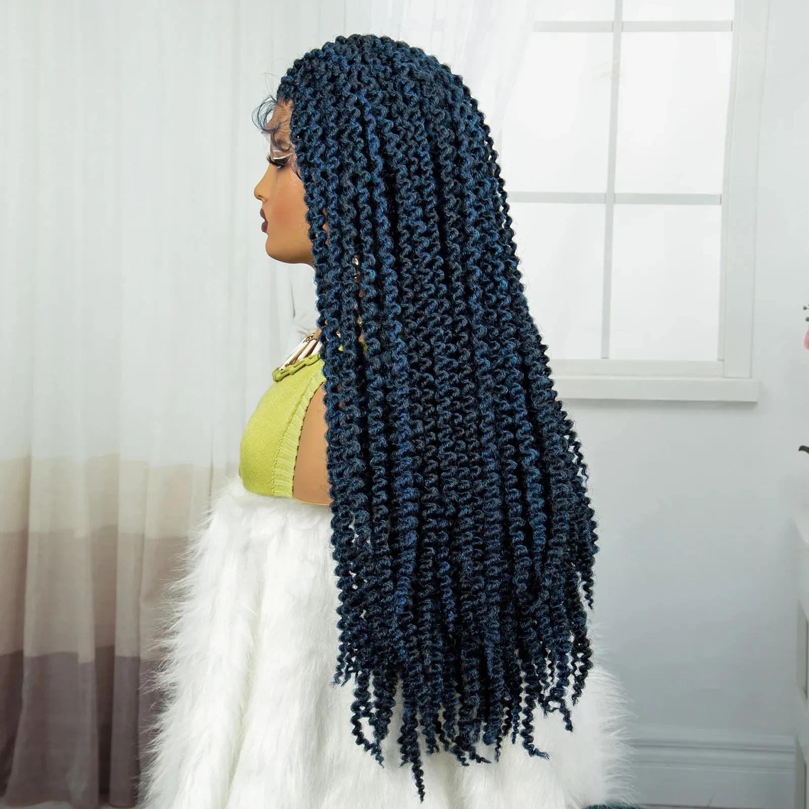 2inch Blue Synthetic Lace Front Braided Wigs for Black Women Knotless Braids Wig Embroidery Lace Braided Wig with Baby Hair