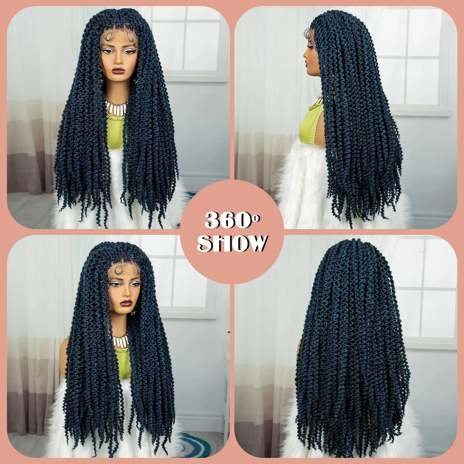 2inch Blue Synthetic Lace Front Braided Wigs for Black Women Knotless Braids Wig Embroidery Lace Braided Wig with Baby Hair