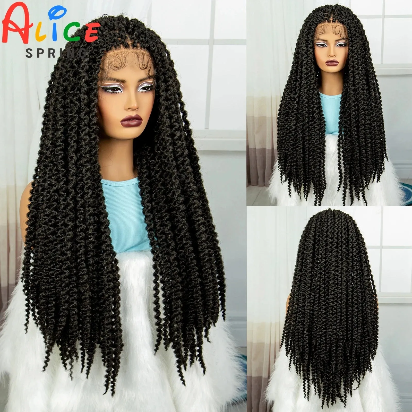 2inch Blue Synthetic Lace Front Braided Wigs for Black Women Knotless Braids Wig Embroidery Lace Braided Wig with Baby Hair