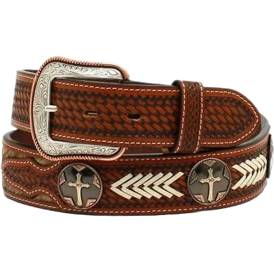 3D Belt Men's Tooled Calf Hair Cross Concho Brown Belt D100011608