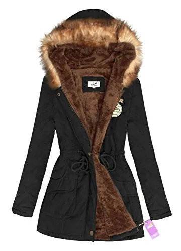 4How Parka Jacket Women's Warm Hooded Fur Trim Coat Casual Long Jackets Army Green US Size 6