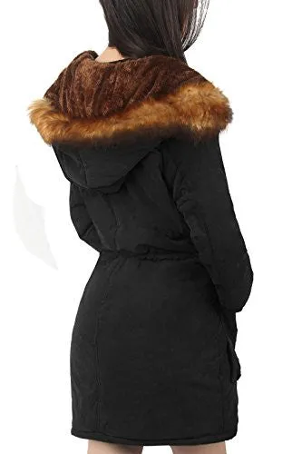 4How Parka Jacket Women's Warm Hooded Fur Trim Coat Casual Long Jackets Army Green US Size 6