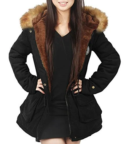 4How Parka Jacket Women's Warm Hooded Fur Trim Coat Casual Long Jackets Army Green US Size 6