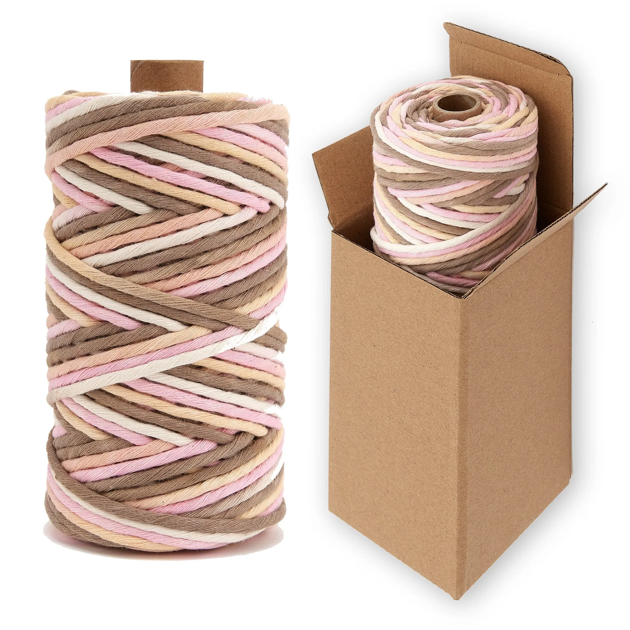 4mm Macrame Cord - Single Twist - Multicolor - Natural Browne and Pink - 100% Soft Cotton - Special Gift - DIY Macrame Projects - 85m/roll