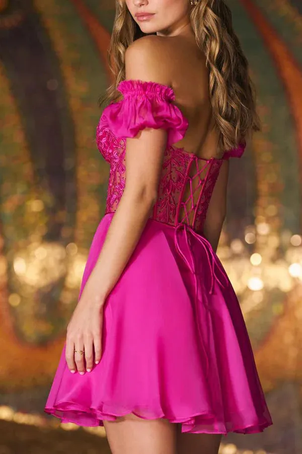 A line Sweetheart Lace Sticker Pink Short Homecoming Dress