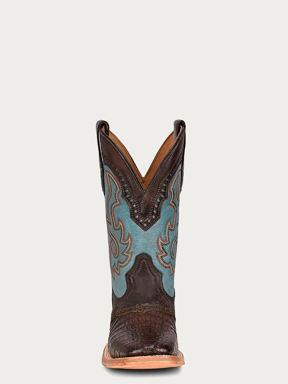 A4286 - MEN'S HONEY EMBROIDERY BROWN CAIMAN WIDE HORSEMAN TOE BLUE COWBOY BOOT