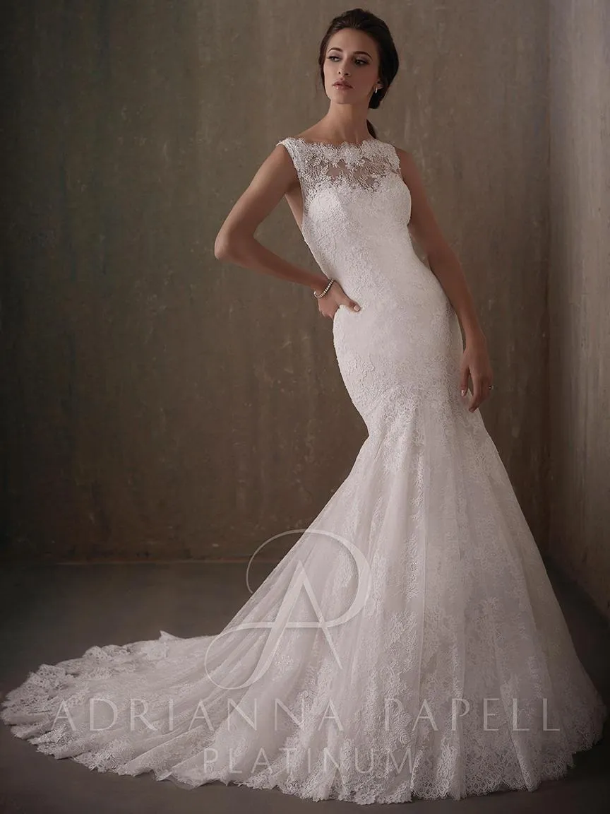 Adrianna Papell Platinum - 31013 Lace Drape Bateau Trumpet Bridal Gown