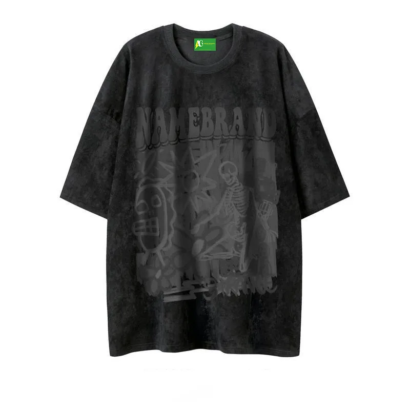 AG Suede American Street Skull And Flower Suede Short Sleeves