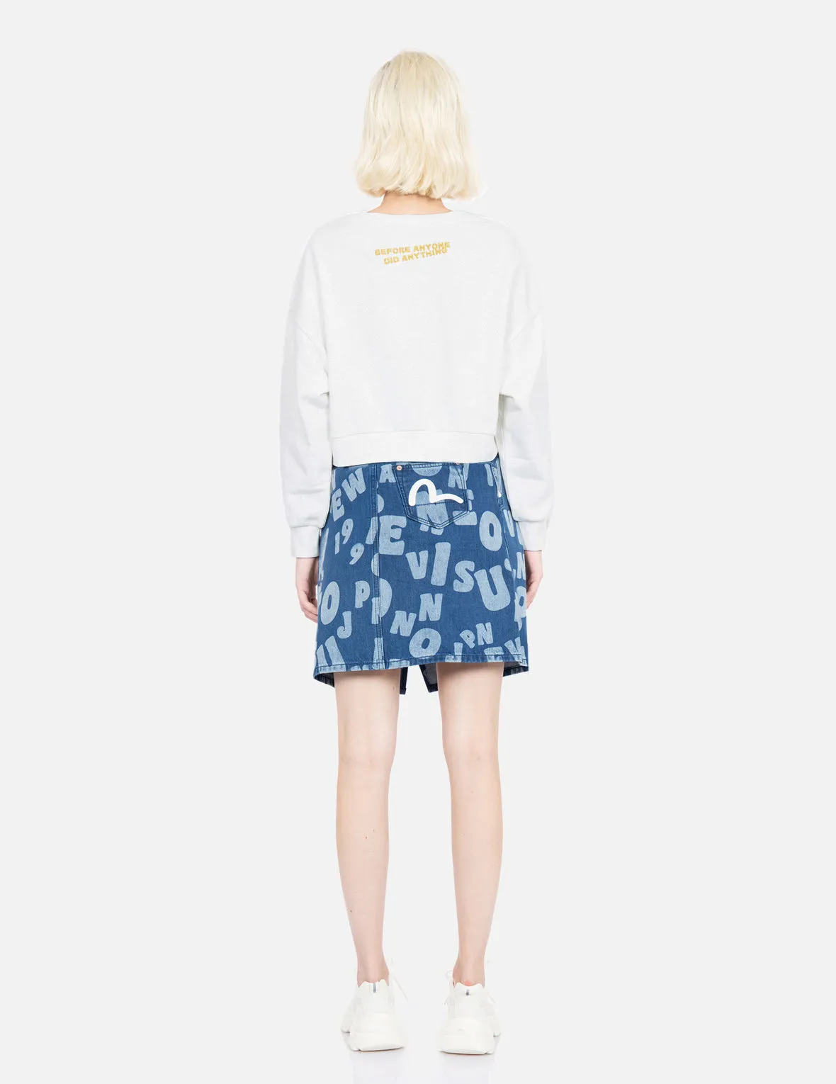 Allover Text Discharge Print Denim Skirt