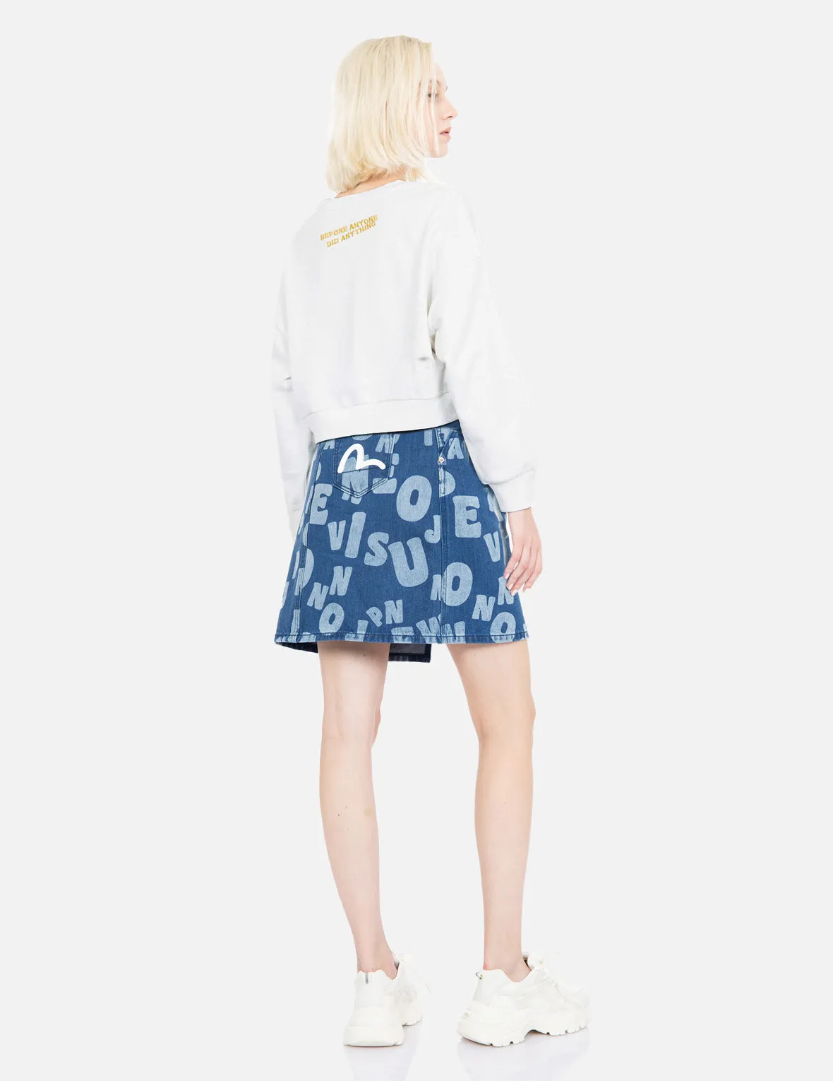 Allover Text Discharge Print Denim Skirt