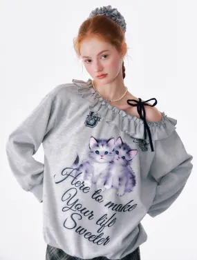 American Retro Oblique Shoulder Loose Lazy Style Cat Print Sweatshirt ZIZ0179