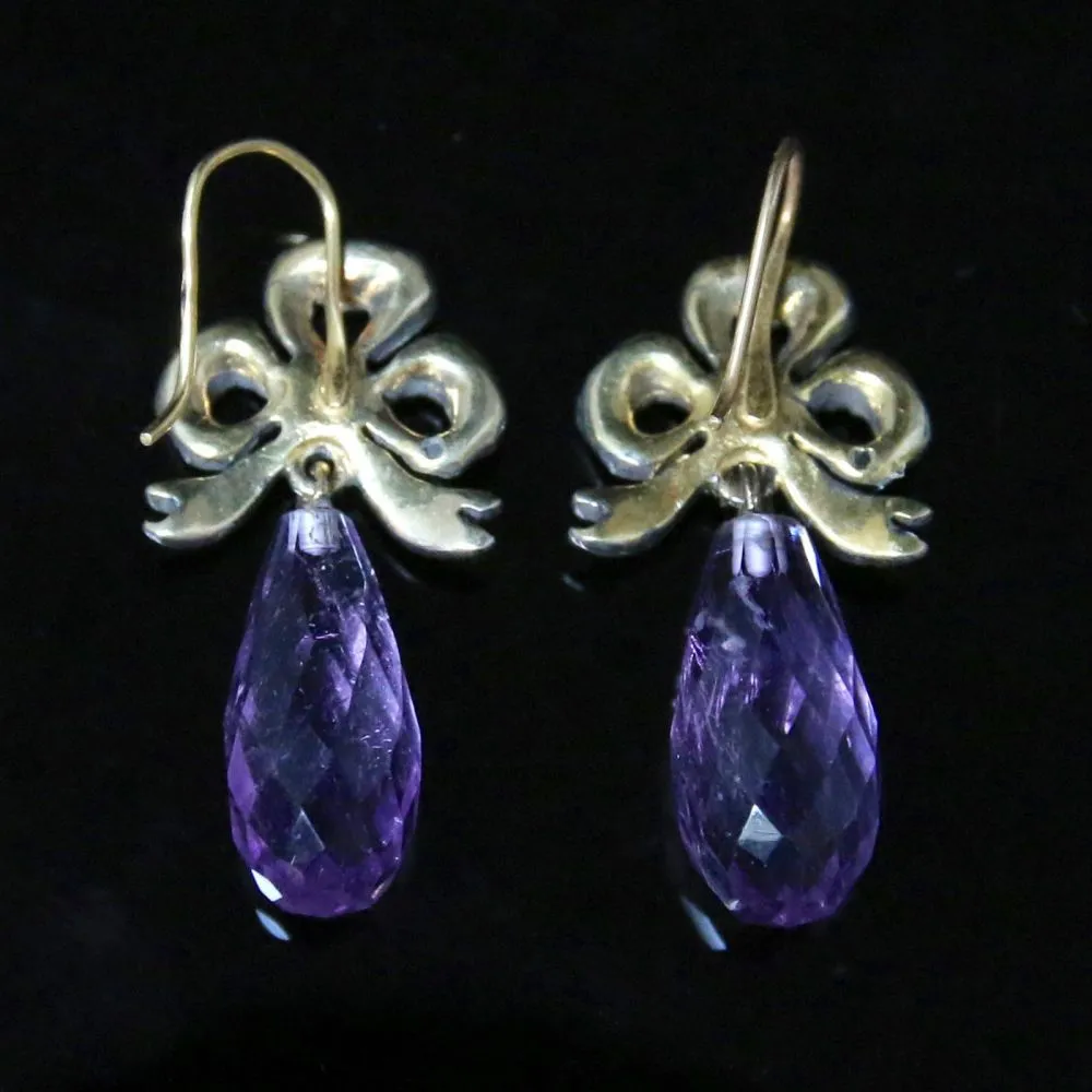 Antique Amethyst & Diamond Earrings - Rose Cut Diamonds Briolette Amethysts