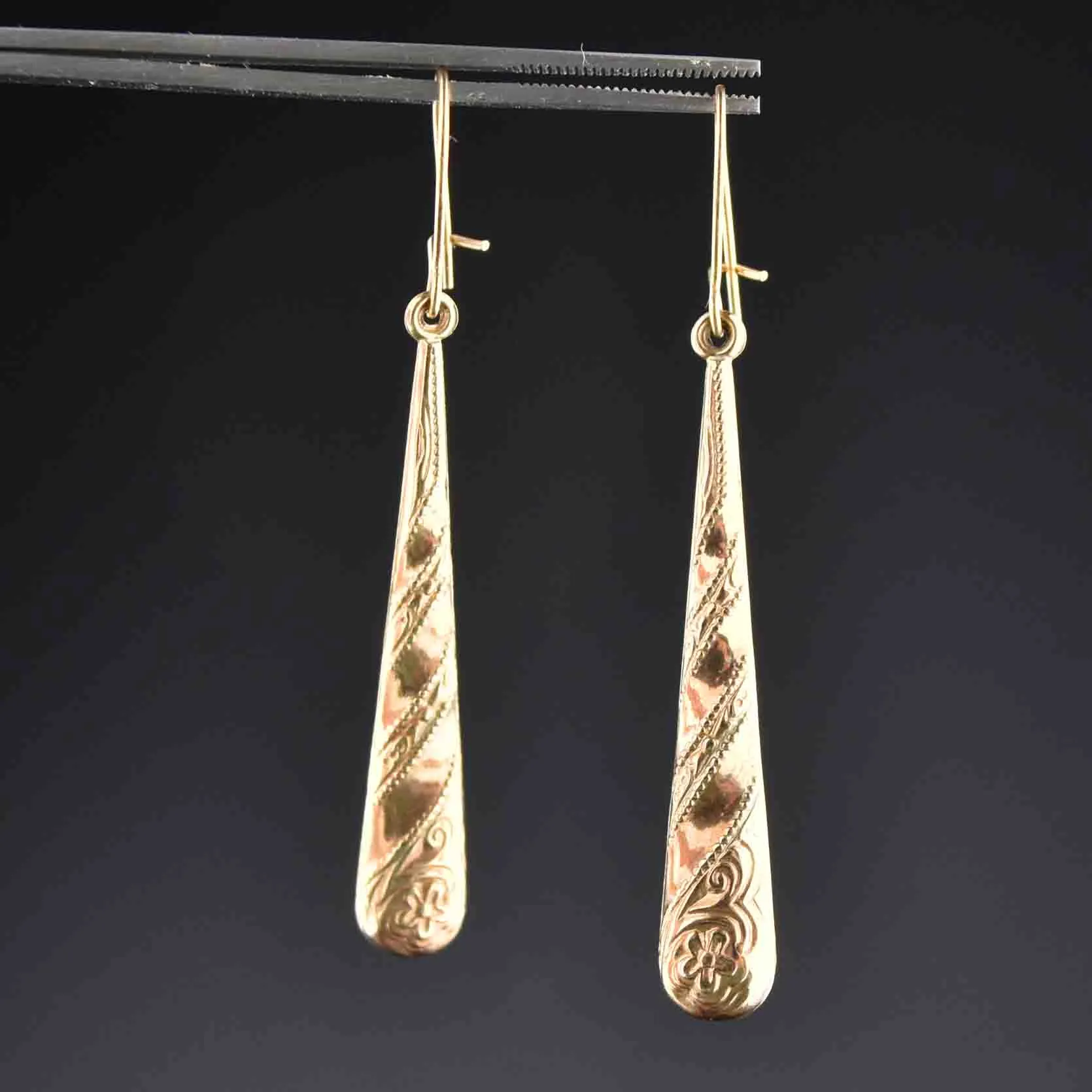 Antique Carved Floral 9K Gold Dangle Earrings