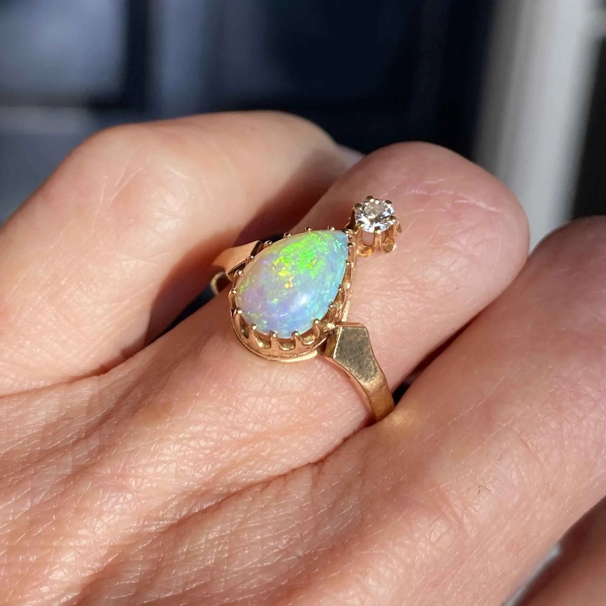 Antique Diamond Pear Cabochon Opal Ring in 14K Gold