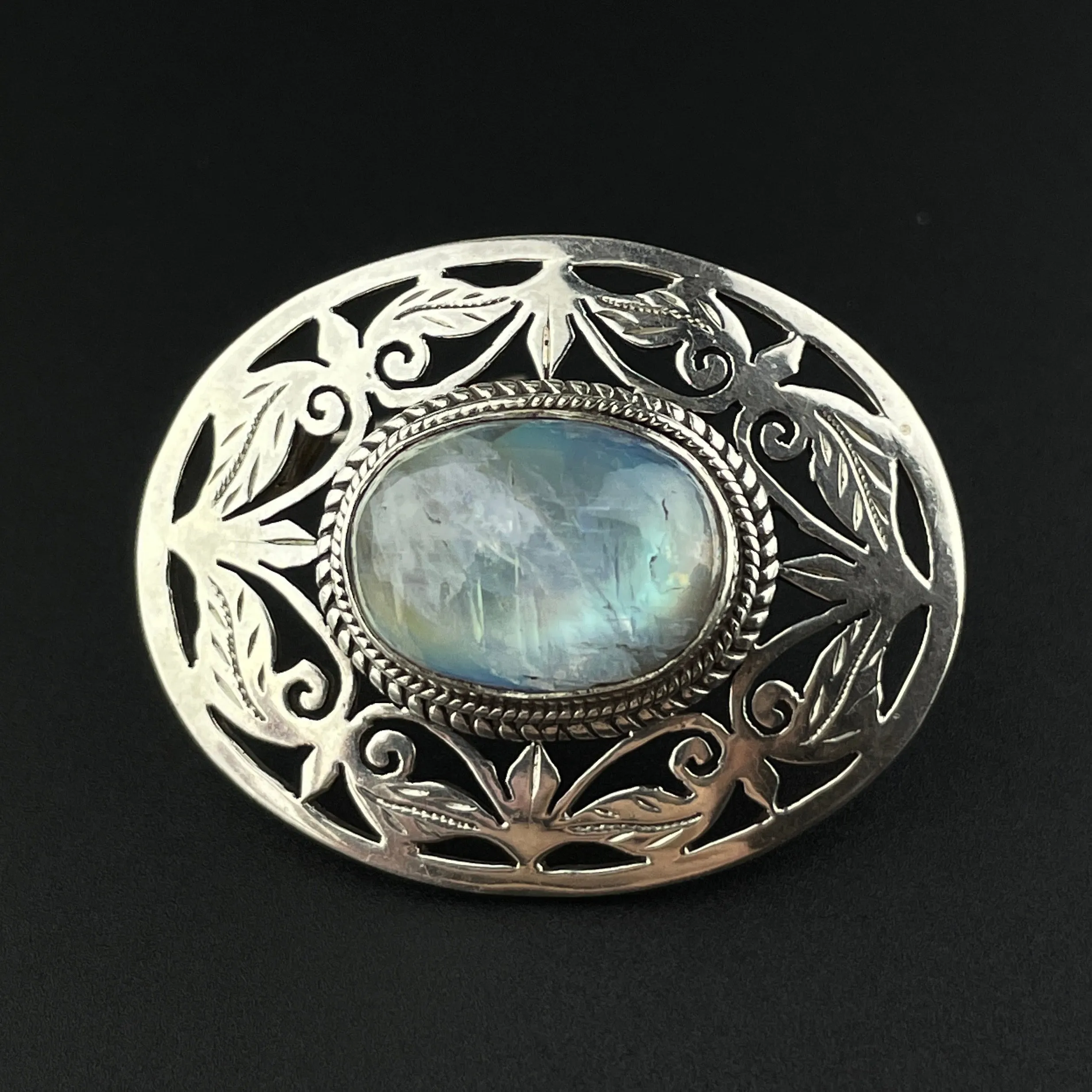 Antique Silver Leaf Rainbow Moonstone Brooch Pin