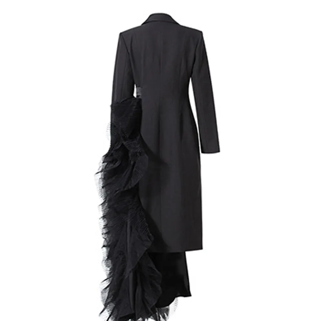 Asymmetrical Pleated Tulle Ruffle Collared Cinch Waist Tailored Midi Blazer Dress