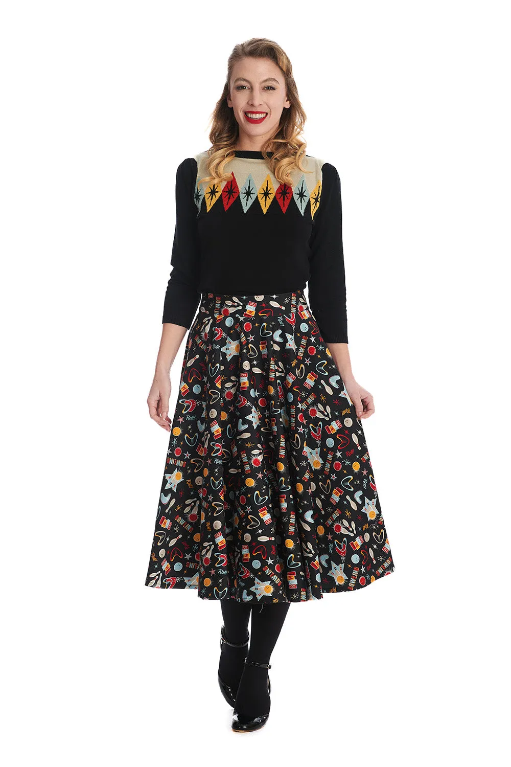 Banned Let's Go Bowling Swing Skirt Retro Atomic Print