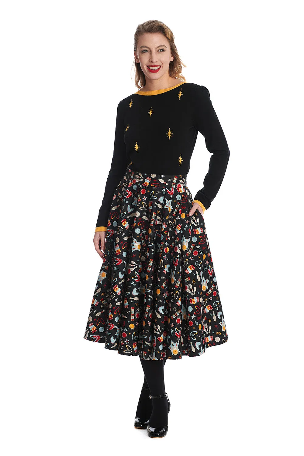 Banned Let's Go Bowling Swing Skirt Retro Atomic Print