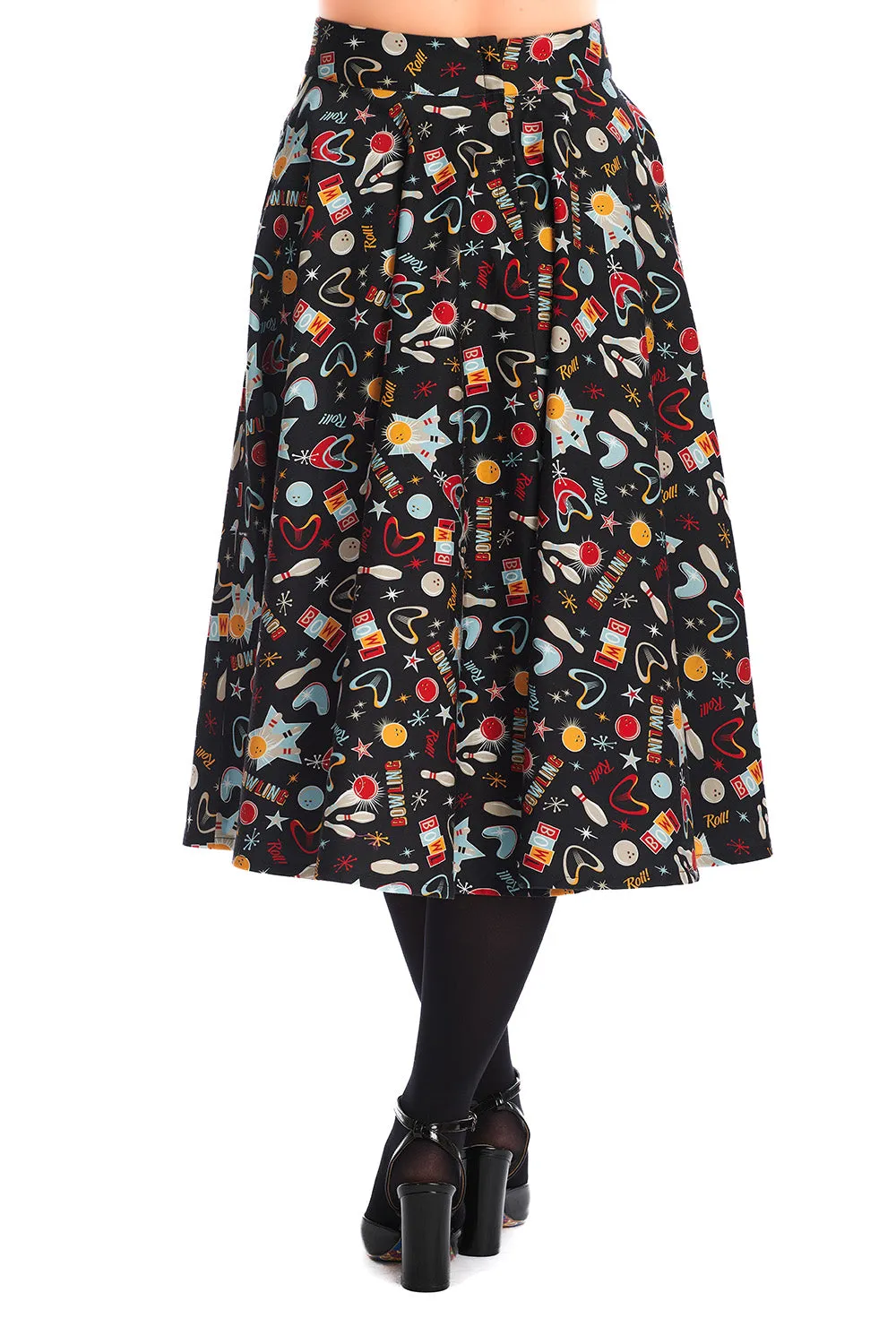 Banned Let's Go Bowling Swing Skirt Retro Atomic Print