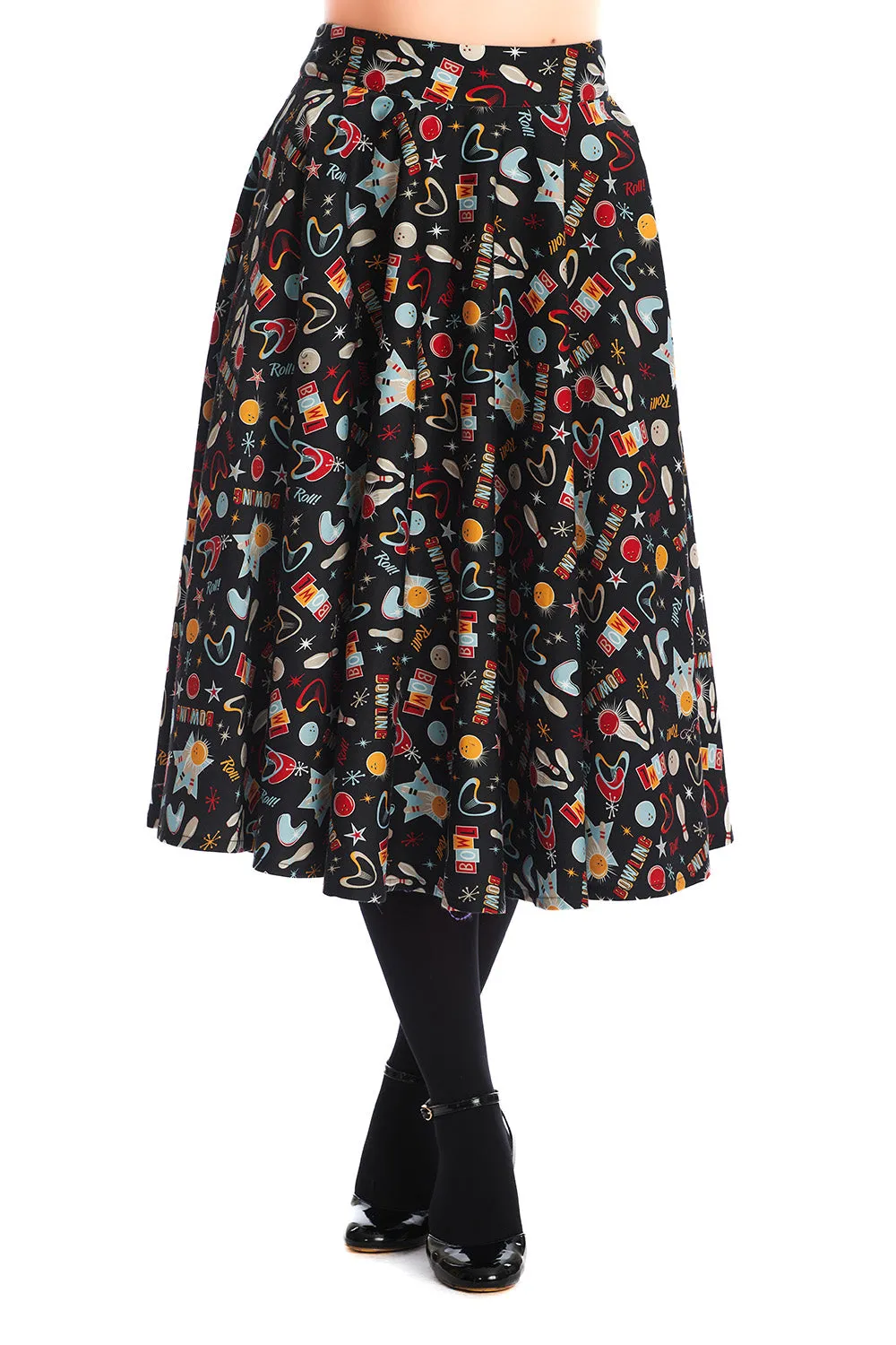 Banned Let's Go Bowling Swing Skirt Retro Atomic Print