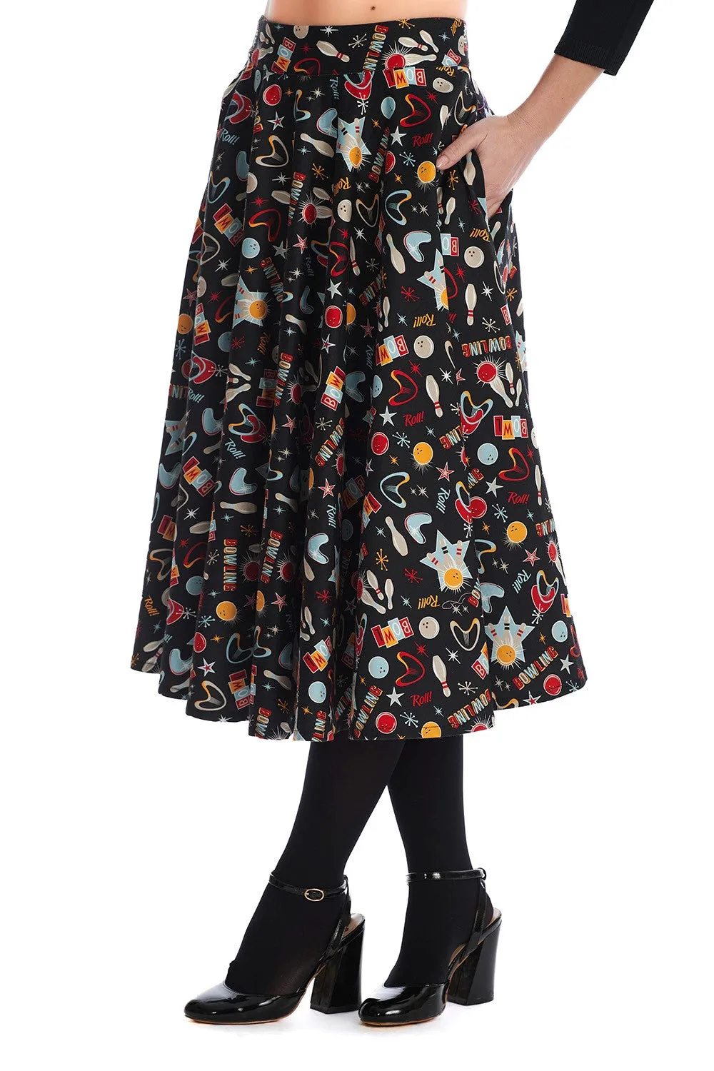 Banned Let's Go Bowling Swing Skirt Retro Atomic Print