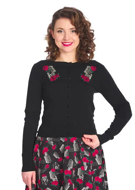 Banned Nashville Singing Rose Vintage Inspired Embroidered Cardigan in Black with Microphone Detailing