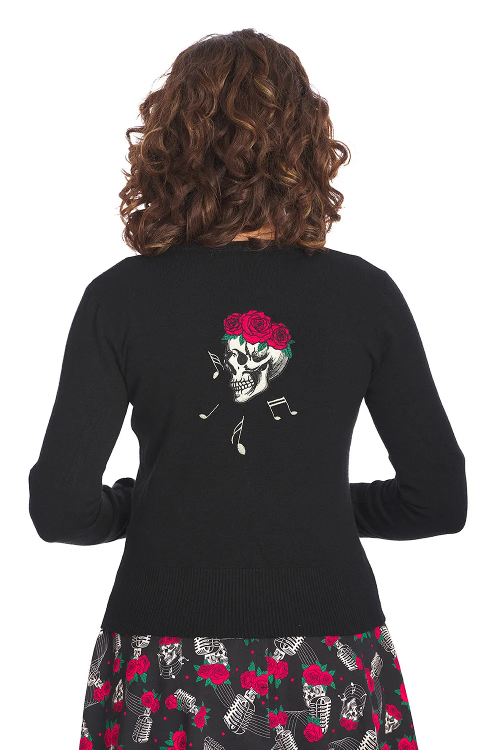 Banned Nashville Singing Rose Vintage Inspired Embroidered Cardigan in Black with Microphone Detailing