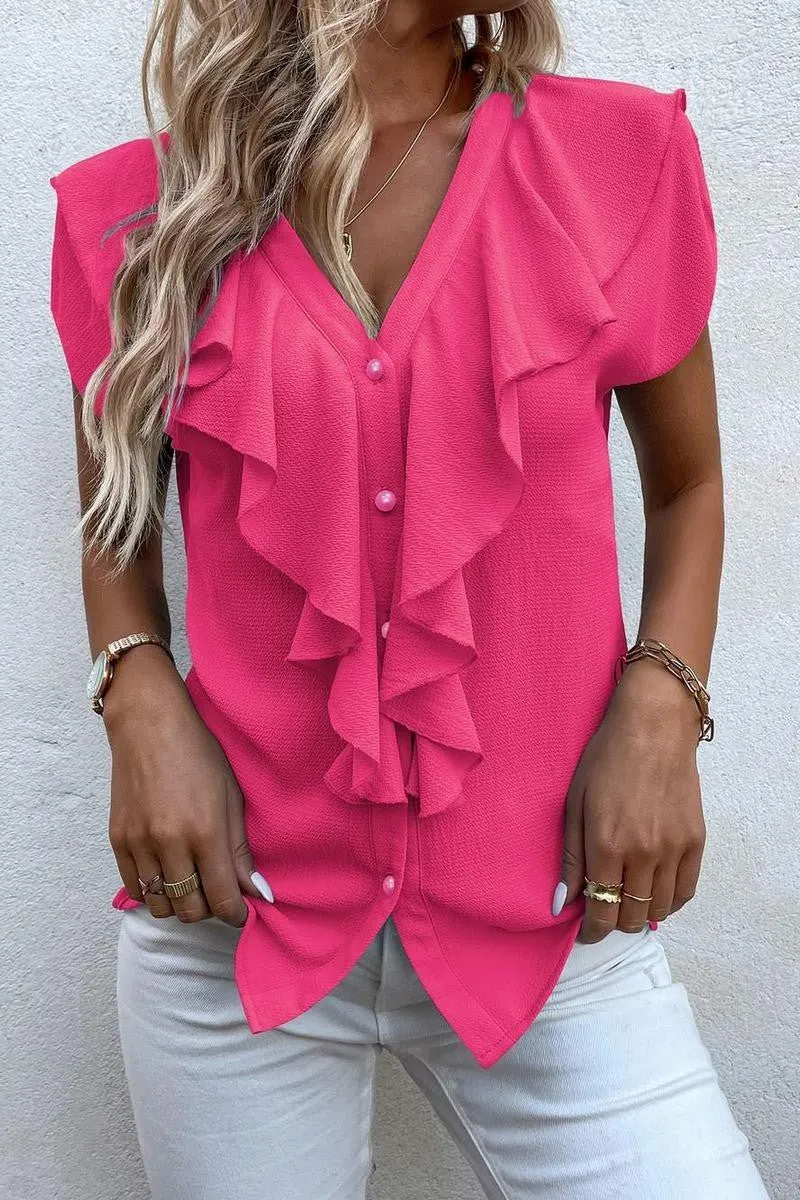 Batwing Sleeve Ruffle Trim Blouse-4 Colors*