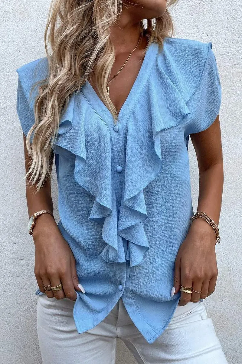 Batwing Sleeve Ruffle Trim Blouse-4 Colors*