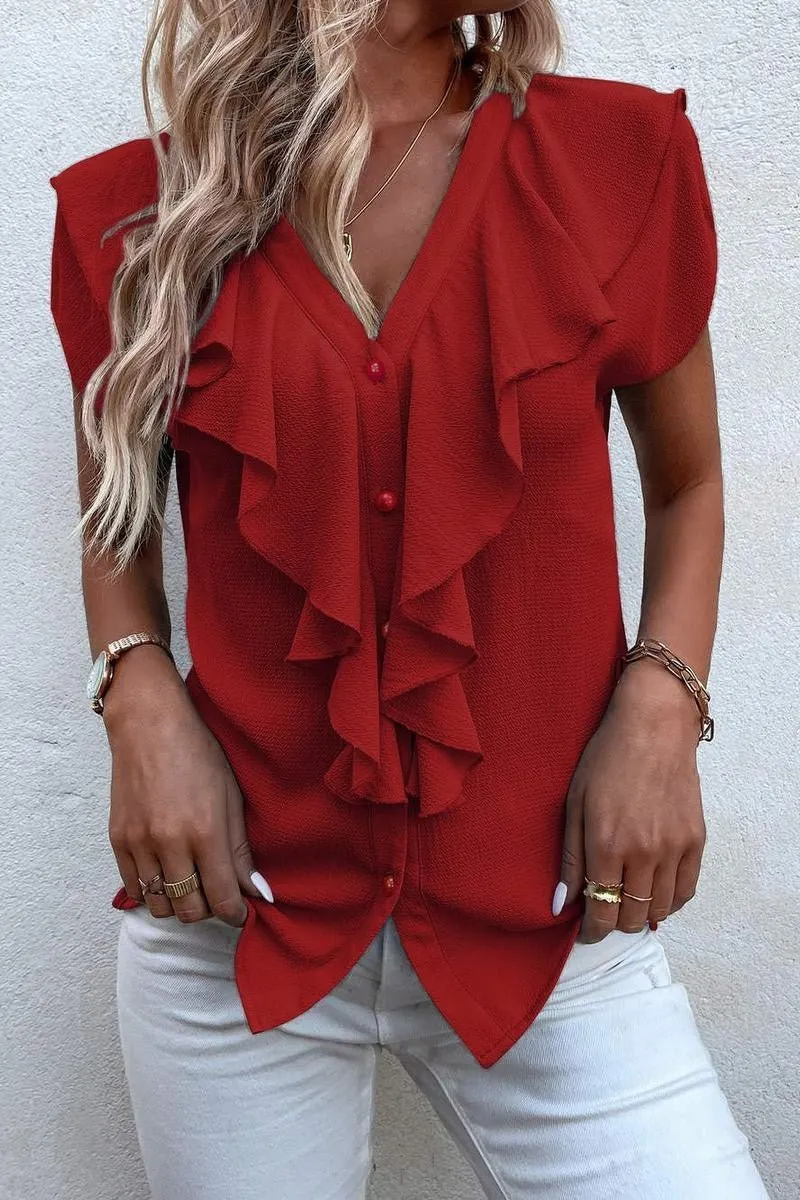 Batwing Sleeve Ruffle Trim Blouse-4 Colors*