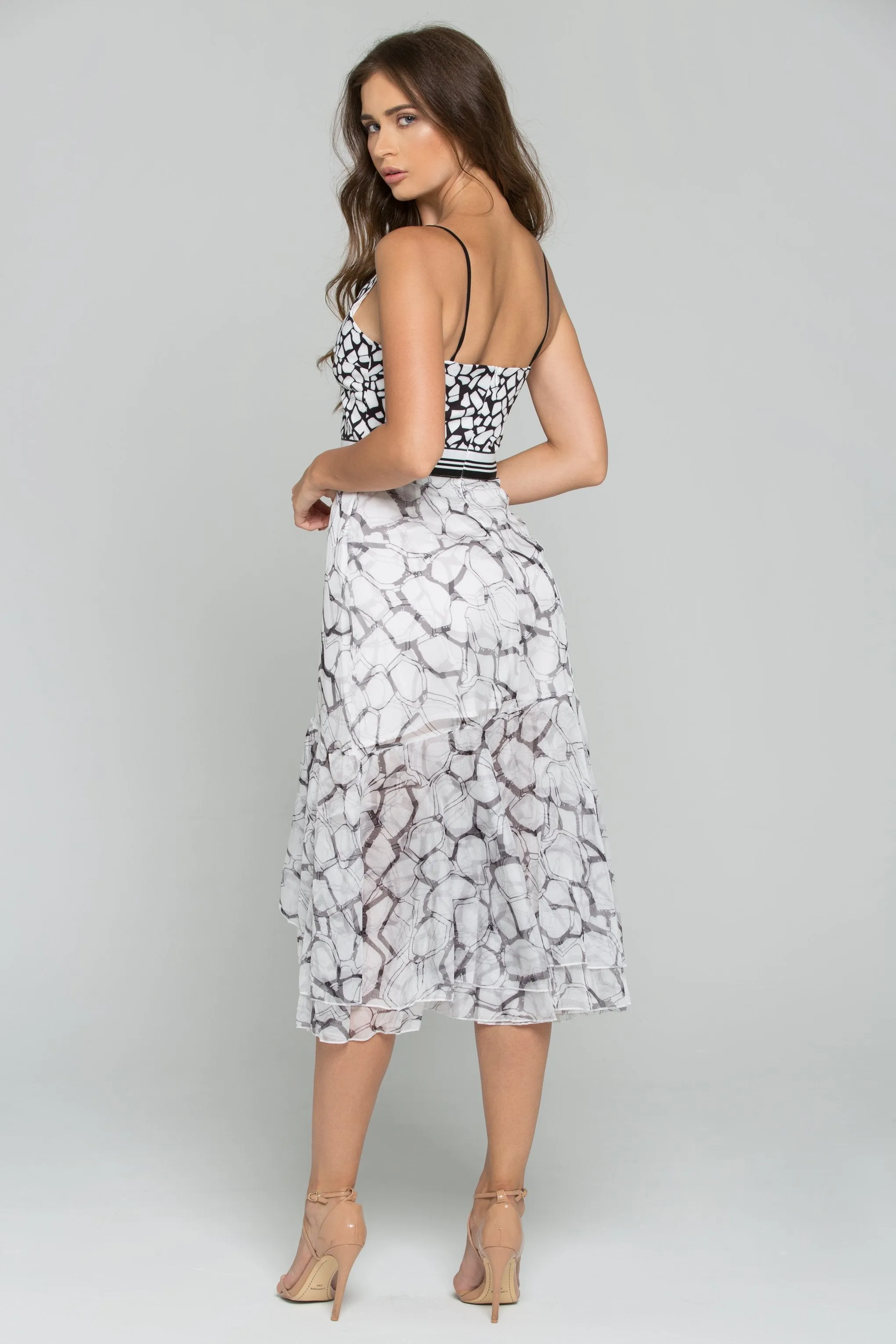 Black and White Chiffon Spaghetti Strap Asymmetrical Ruffled Sundress