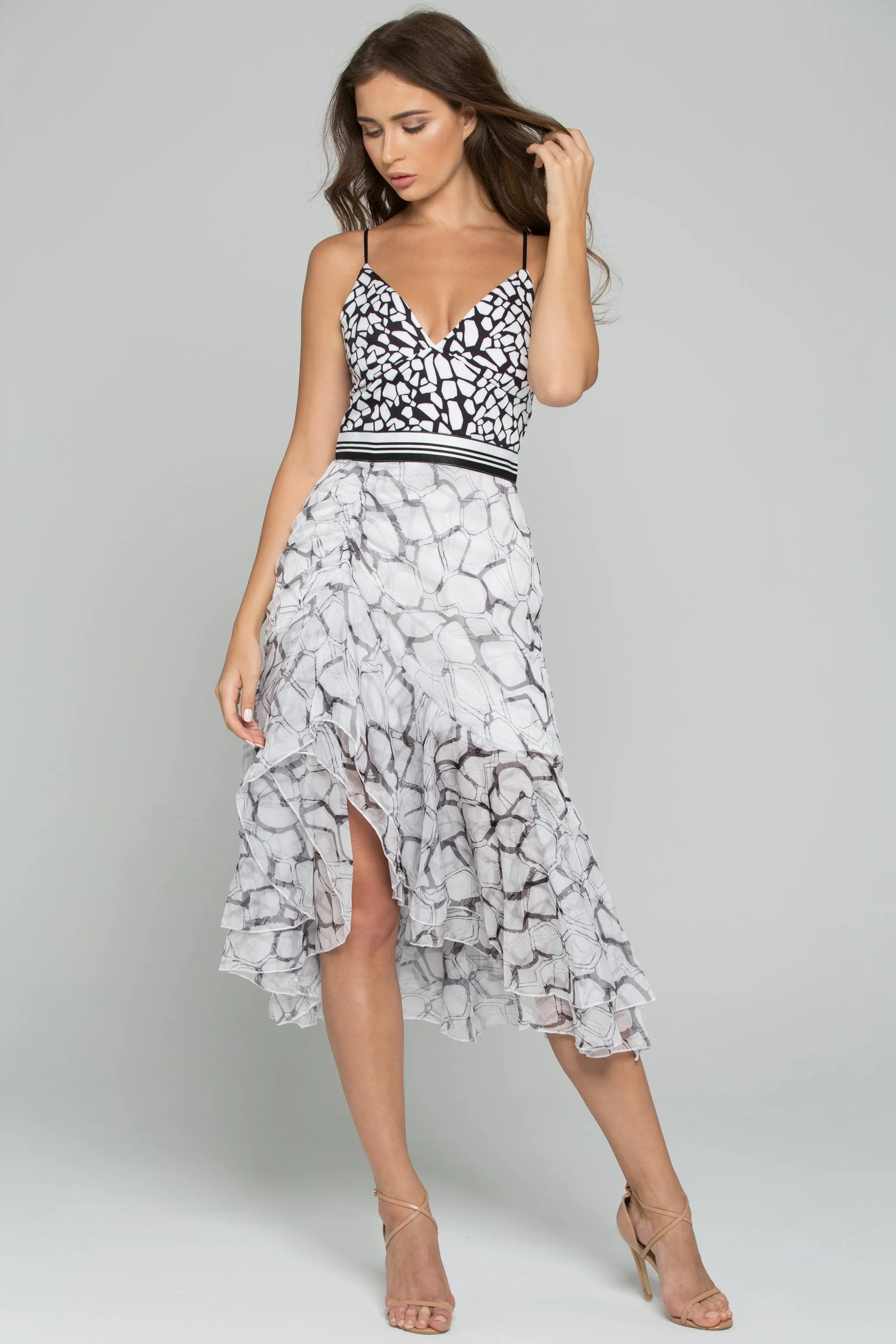 Black and White Chiffon Spaghetti Strap Asymmetrical Ruffled Sundress