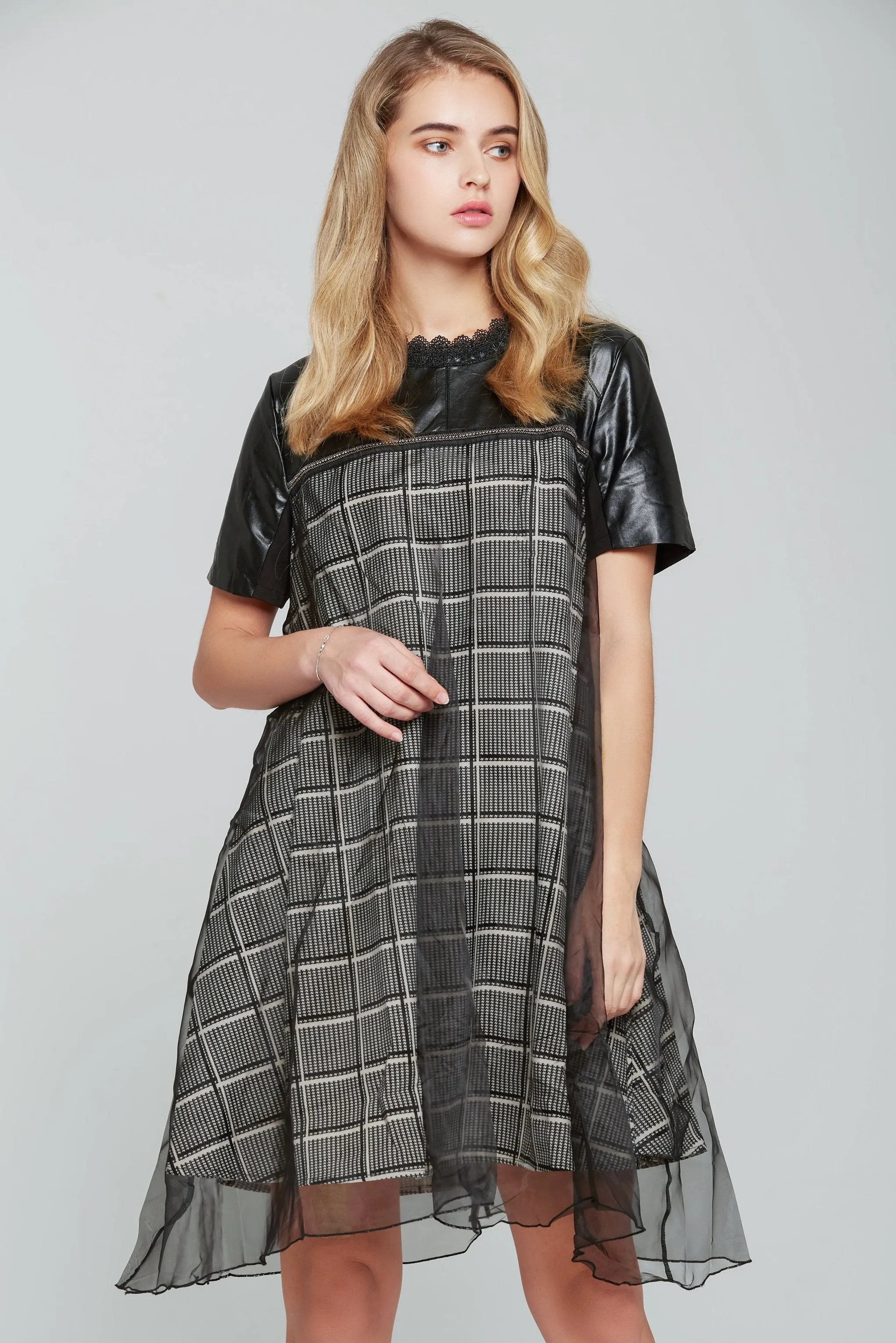 Black and White Glen Check Print Midi Dress