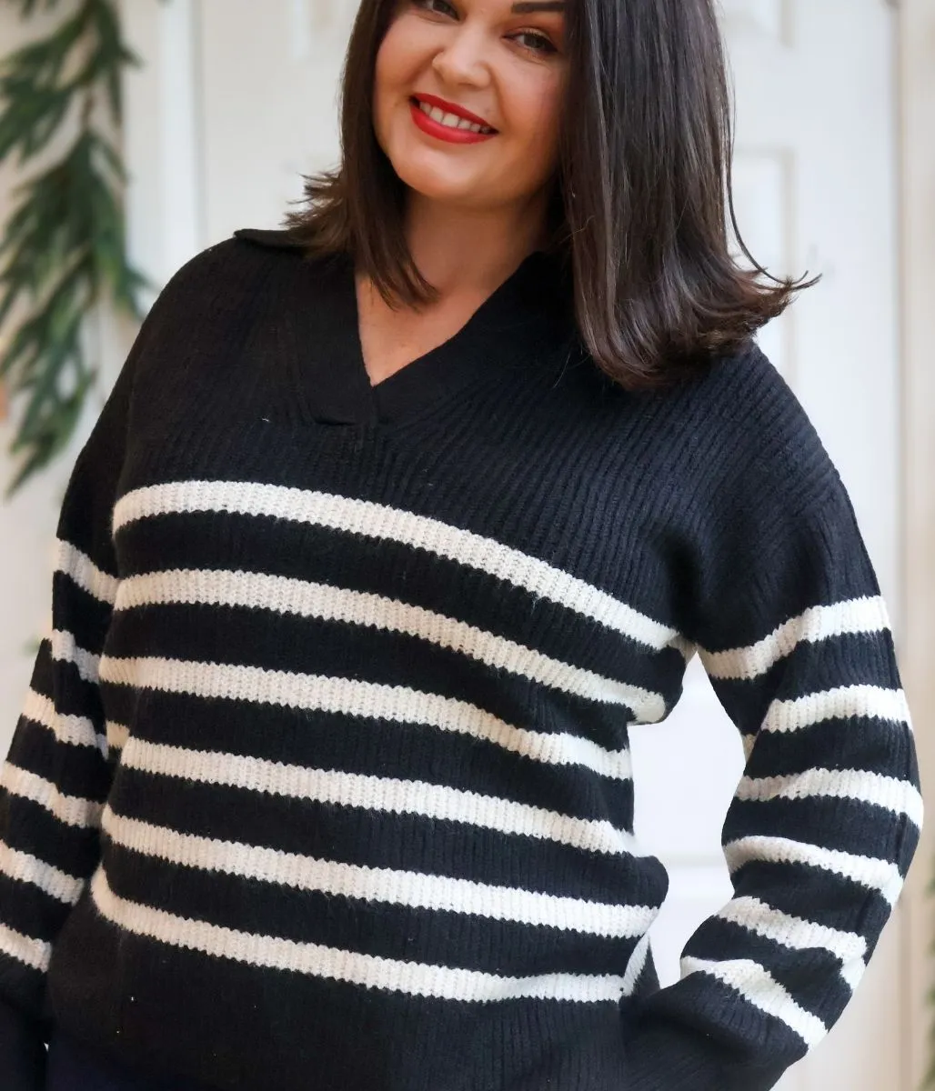 Black Striped Notch Neck Collared Jumper