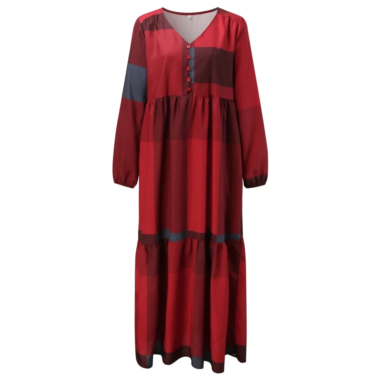 Bohemian Vintage Loose Long Sleeve New Spring Autumn Women's Maxi SunCasual V Neck Plaid Dress