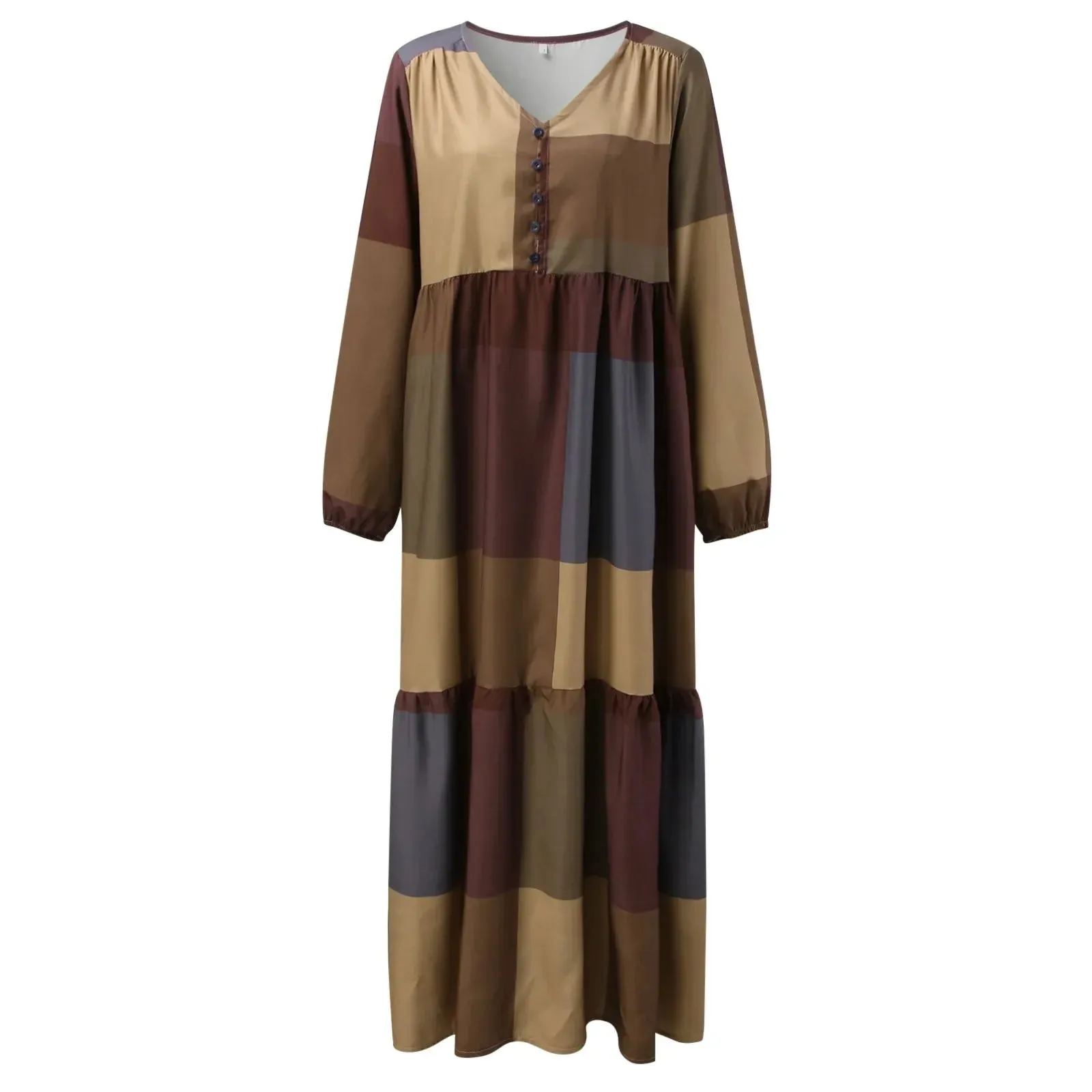 Bohemian Vintage Loose Long Sleeve New Spring Autumn Women's Maxi SunCasual V Neck Plaid Dress