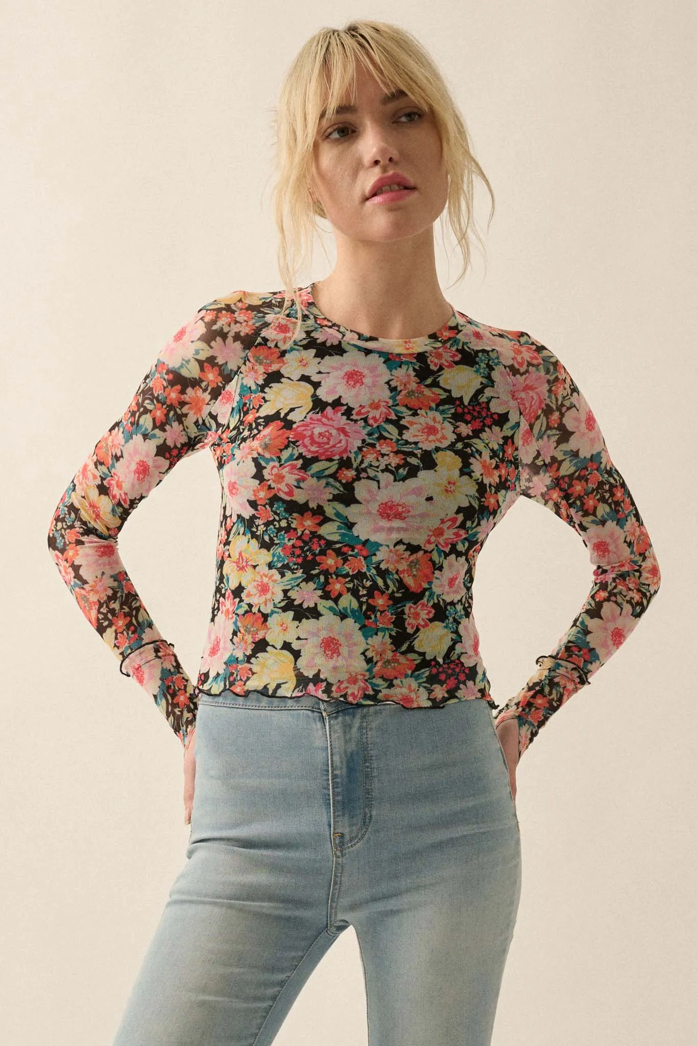 Bold Blossoms Floral Mesh Long-Sleeve Top