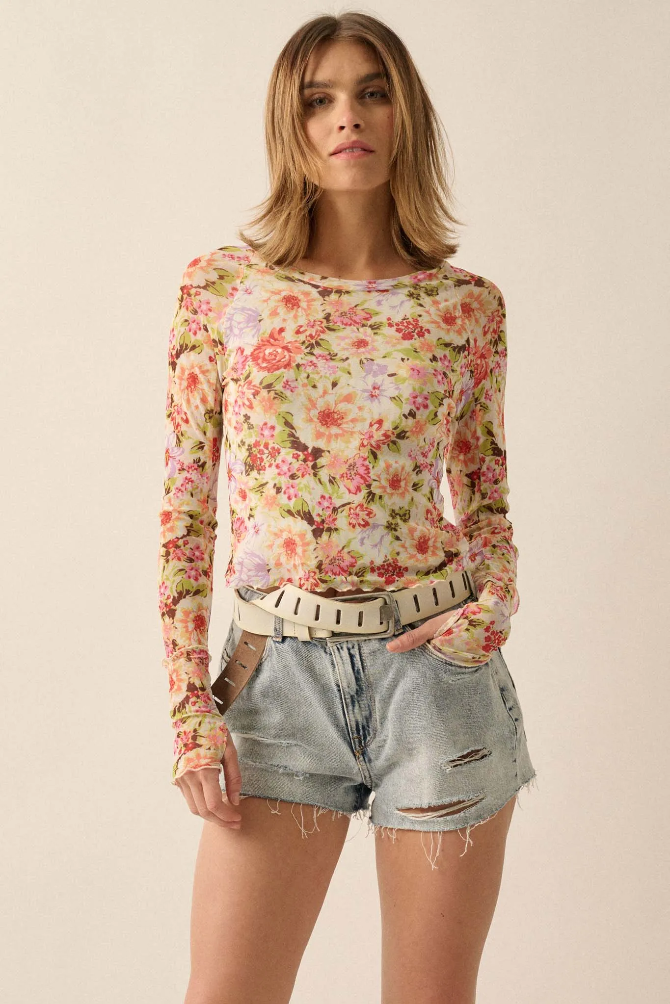 Bold Blossoms Floral Mesh Long-Sleeve Top