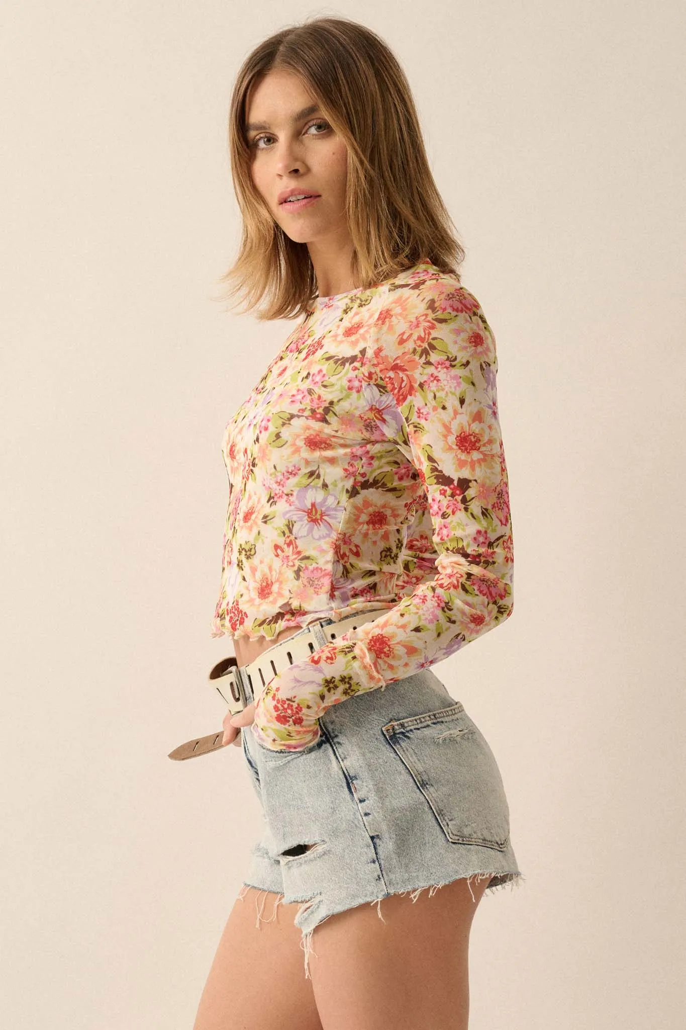 Bold Blossoms Floral Mesh Long-Sleeve Top