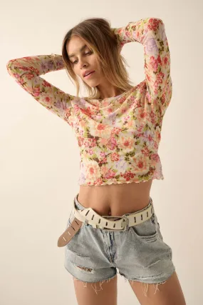 Bold Blossoms Floral Mesh Long-Sleeve Top