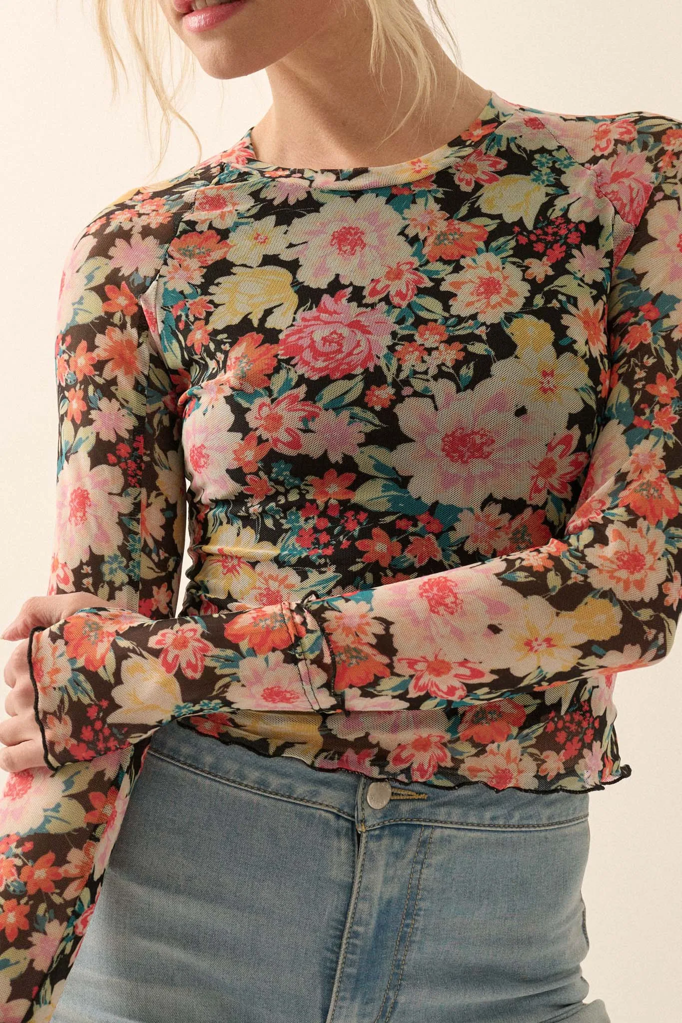 Bold Blossoms Floral Mesh Long-Sleeve Top