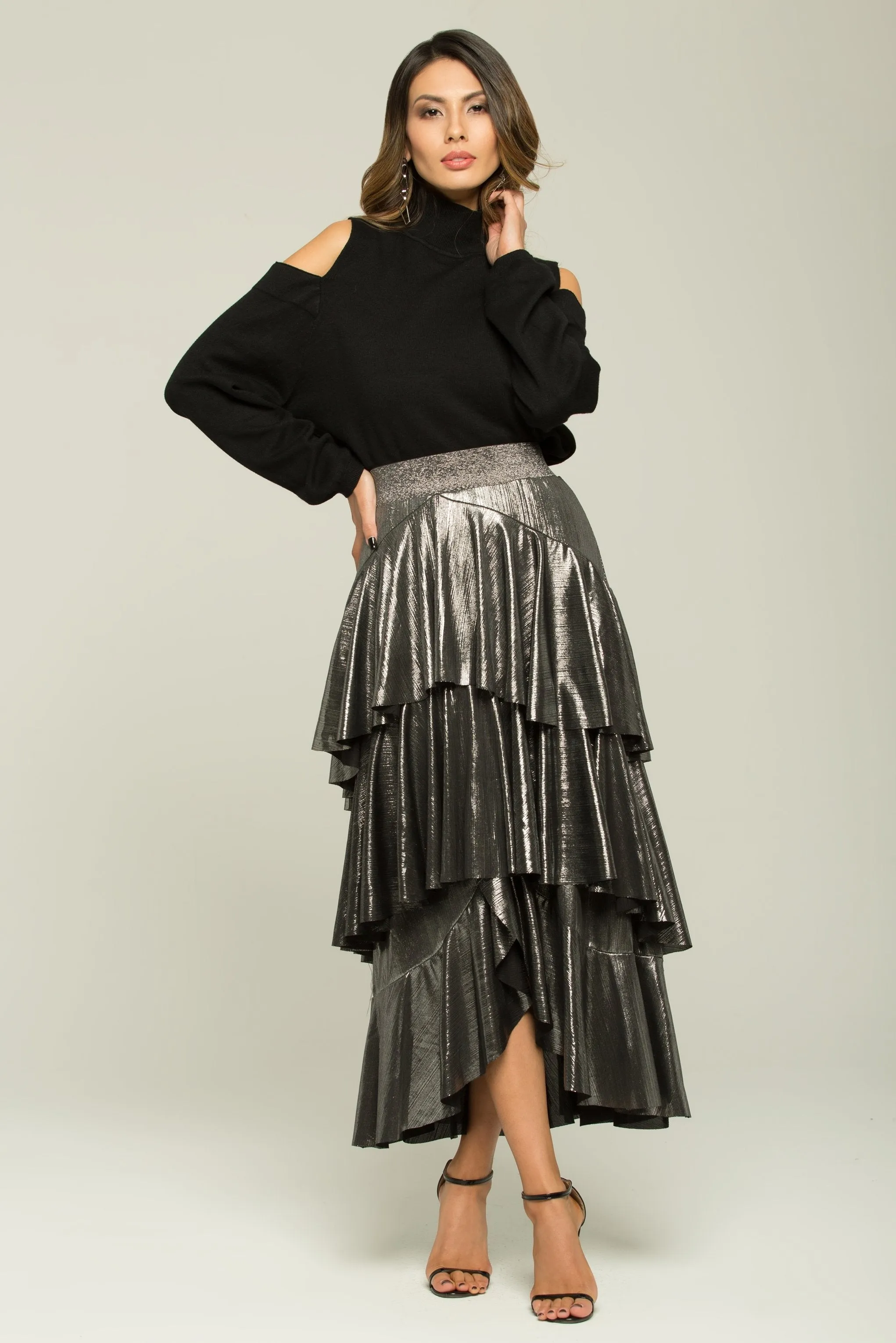 Bright Silver Ruffled Maxi Skirt