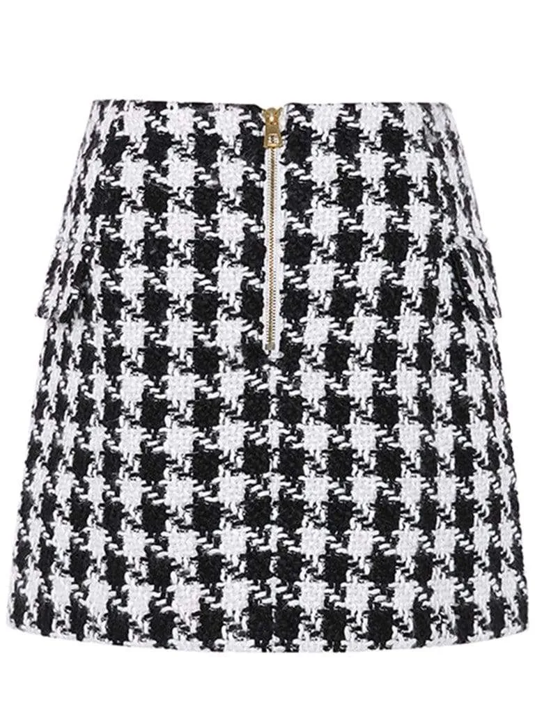 Button-Embellished Tartan Tweed Mini Skirt