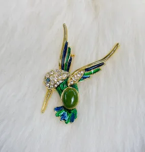 Canadian BC Jade Humming Bird Brooch / Pin Gold Colour