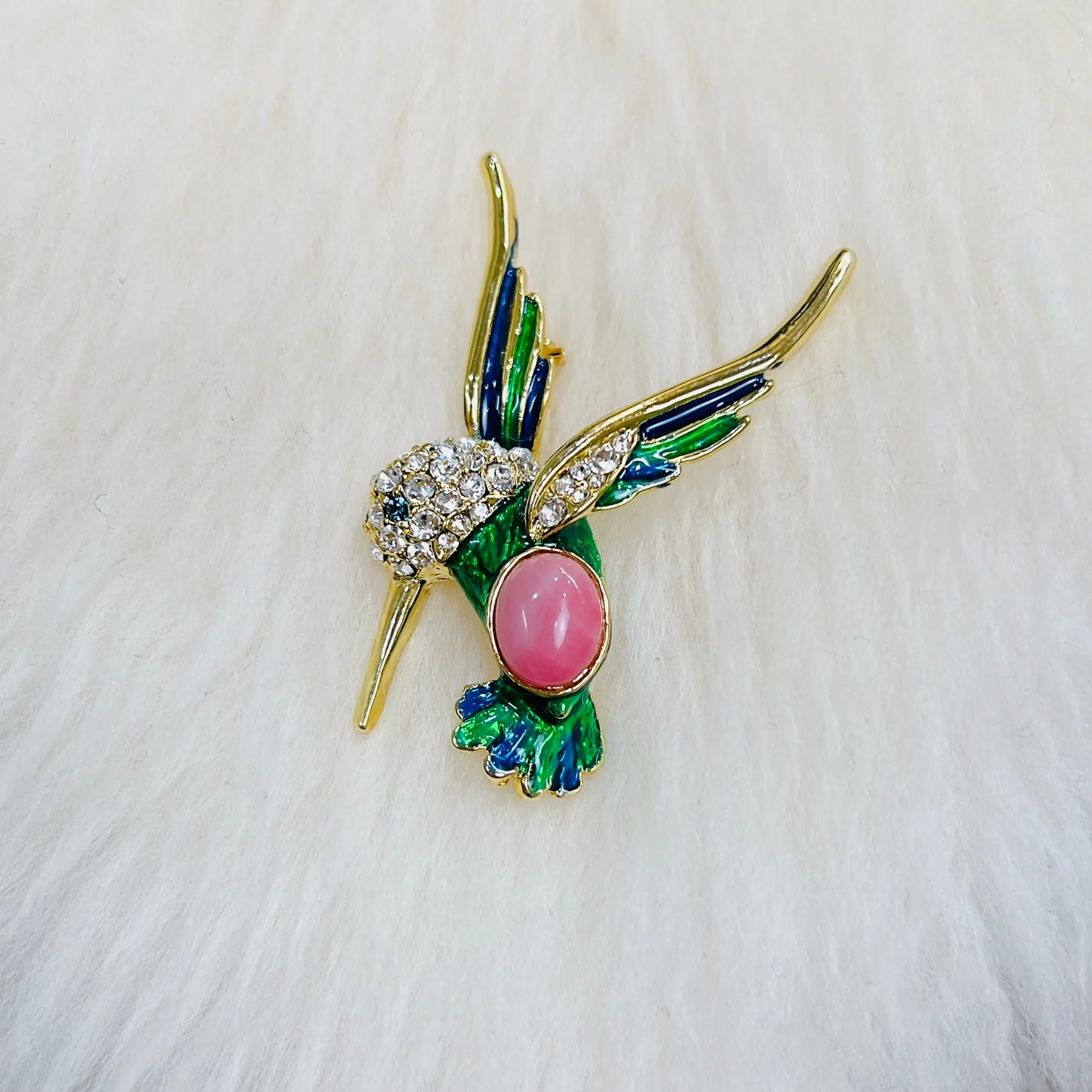 Canadian Rhodonite Humming Bird Brooch / Pin Gold Colour